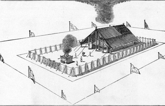 A black and white sketch of a large tent set inside a fenced area with flags on poles, with smoking fires and people gathered around near a flagpole.