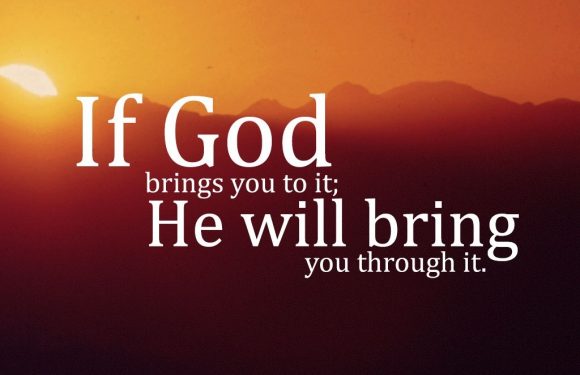 Sunset with mountains in the background, overlaid with the text "If God brings you to it; He will bring you through it," and a small Pizza Ranch logo in the corner.