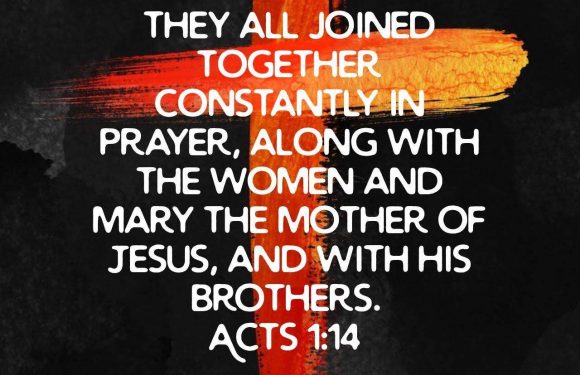 Text overlay on a dark background with a red cross: "They all joined together constantly in prayer, along with the women and Mary the mother of Jesus, and with his brothers. Acts 1:14"