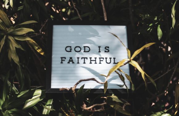 A sign among greenery reads "GOD IS FAITHFUL" in black letters on a white background with horizontal lines.