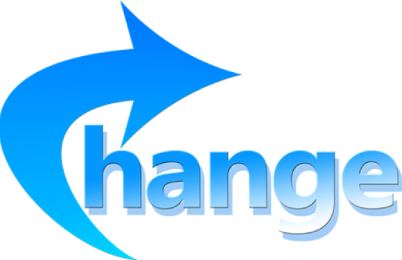 Blue arrow curving around the word "change" written in bold blue letters with a gradient effect.