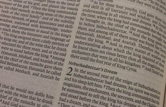 A close-up of a printed page from a religious text, with the header "DANIEL" and the chapter starting with "Daniel Taken to Babylon." The text is in a serif font, arranged in columns, and appears to be part of a Bible or scripture in a book.