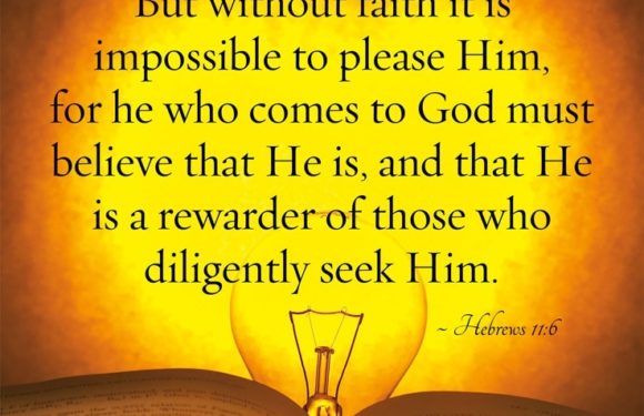 A glowing lightbulb emerging from an open book with a yellow-orange background, featuring a quote about faith and seeking God, from Hebrews 11:6.