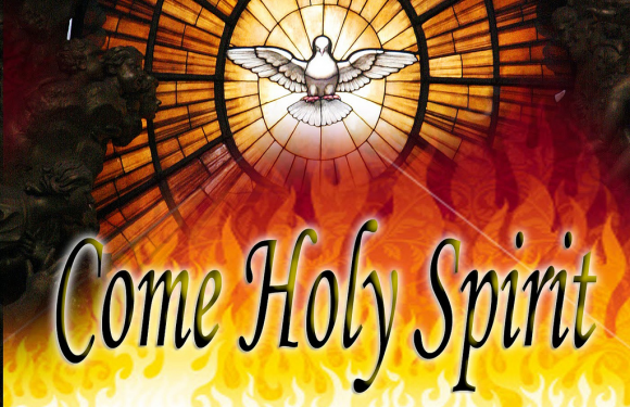A stained glass dove with outstretched wings is set against a fiery background with flames. The words "Come Holy Spirit" are written across the image.