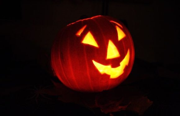 A carved pumpkin with a glowing face featuring triangle eyes, a nose, and a wide grin with a missing tooth, illuminated from inside against a dark background.