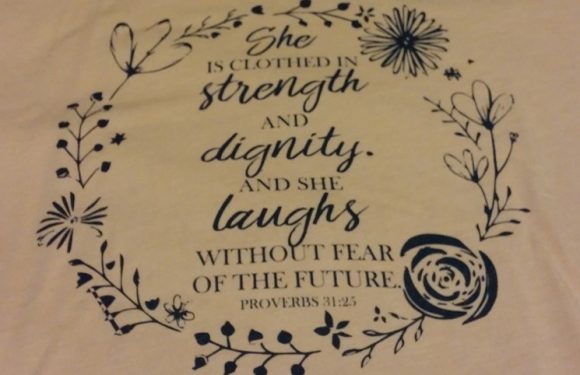 Inspirational quote about strength, dignity, and fearless future, surrounded by a floral and botanical design on a light background.