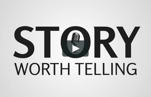 "Story worth telling" text with a microphone icon inside the letter 'O' on a light gray background.