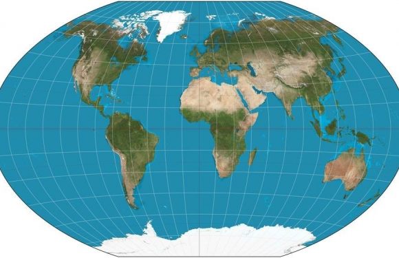 A world map showing continents and countries with a typical Mercator projection, featuring landmasses, oceans, and grid lines.