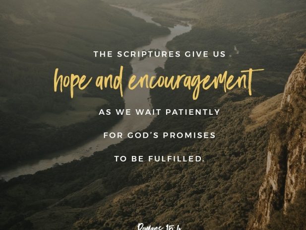 Romans 15:4 with a mountain valley landscape in the background