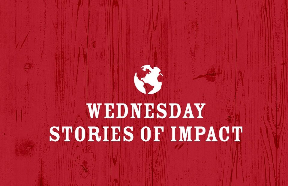 Red wooden background with white Earth icon above the text "Wednesday Stories of Impact" in bold, white letters. A theme of global stories or events.