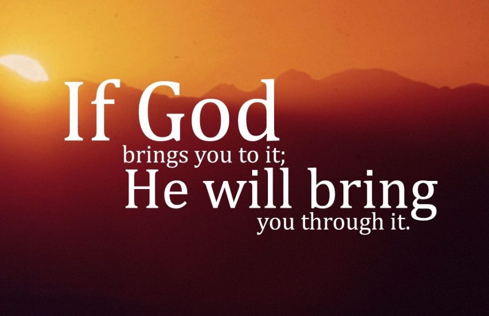 Sunset with mountains in the background, overlaid with the text "If God brings you to it; He will bring you through it," and a small Pizza Ranch logo in the corner.