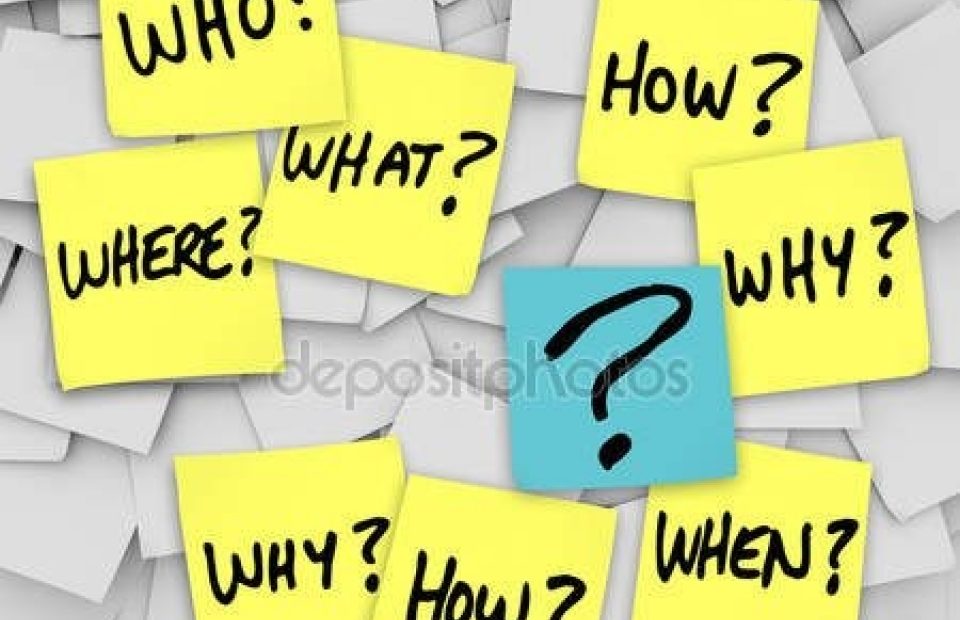 Collection of yellow and blue sticky notes with questions like "Who?", "What?", "Where?", "When?", "Why?", and "How?" on a gray background.