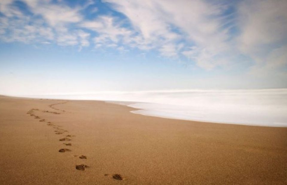 Footprints in the sand on a beach lead toward the water with a partly cloudy sky overhead.